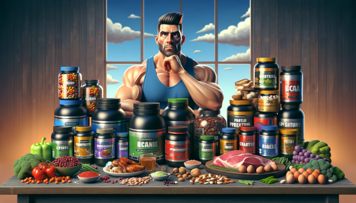Panoramic image blending realistic and Pixar-style elements, depicting the same bodybuilder character looking at a large assortment of dietary supplements and a pile of protein-rich foods. The scene shows the bodybuilder, with a mix of realistic and cartoonish features, gazing at an array of BCAA supplements, creatine, and protein powder tubs on one side of the table. On the other side, there's an abundance of high-protein foods like grilled chicken breasts, eggs, nuts, and legumes. The setting combines realistic textures with animated flair, capturing the bodybuilder's contemplation of supplements versus natural protein sources. https://www.personaltrainerifbb.com/
