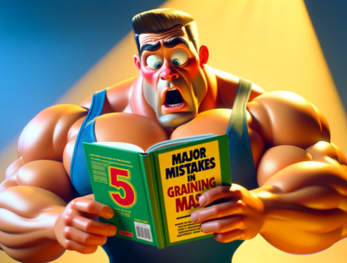 Panoramic image in a realistic Pixar-style of a muscular bodybuilder showing a surprised expression while reading a book titled '5 MAJOR MISTAKES IN GAINING MASS'. The bodybuilder, with exaggerated muscular features typical of Pixar's animated characters, is portrayed in a vivid, engaging setting that reflects his astonishment. The book is prominently displayed, and his reaction suggests he's discovering something unexpected and crucial. The scene combines the charming and exaggerated aspects of animation with a touch of realism, capturing the bodybuilder's intense focus on the book's content. https://www.personaltrainerifbb.com/