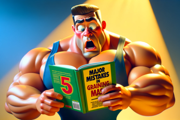 Panoramic image in a realistic Pixar-style of a muscular bodybuilder showing a surprised expression while reading a book titled '5 MAJOR MISTAKES IN GAINING MASS'. The bodybuilder, with exaggerated muscular features typical of Pixar's animated characters, is portrayed in a vivid, engaging setting that reflects his astonishment. The book is prominently displayed, and his reaction suggests he's discovering something unexpected and crucial. The scene combines the charming and exaggerated aspects of animation with a touch of realism, capturing the bodybuilder's intense focus on the book's content. https://www.personaltrainerifbb.com/