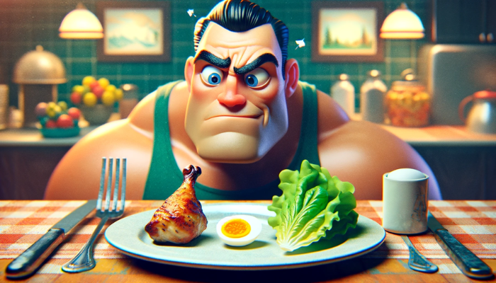 Panoramic image blending realistic and Pixar-style elements, depicting a bodybuilder skeptically looking at a plate with minimal food. The plate features an unusually small chicken thigh, a single lettuce leaf, and half a hard-boiled egg, humorously contrasting with the bodybuilder's large, muscular frame. The bodybuilder, rendered with Pixar-like animation, should have a mix of realistic and cartoonish features, conveying a sense of bewilderment and humor. The setting is a kitchen that combines realistic details with animated charm, reflecting the quirky scenario of the bodybuilder's dietary dilemma. https://www.personaltrainerifbb.com/