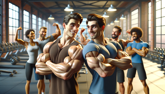 A realistic yet Pixar-style widescreen image featuring two attractive bodybuilders engaging in a friendly competition, striking double biceps poses with big smiles, showcasing their strong and well-developed muscles. The scene captures the spirit of challenge and camaraderie, with the bodybuilders focused on demonstrating who has the stronger and more developed muscles. In the background, a mixed group of fitness enthusiasts (both men and women) are cheering them on, creating an atmosphere of encouragement and sporting enthusiasm in a well-equipped gym setting. https://www.personaltrainerifbb.com/