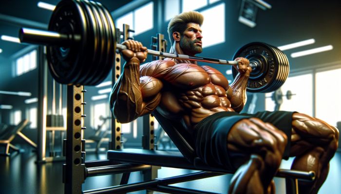 A realistic yet Pixar-style widescreen image of an attractive bodybuilder undergoing a brutal bench press workout. The image vividly captures the intensity of his training, focusing on his muscular physique and determined expression. The scene is set in a well-equipped gym, highlighting the heavy weights and the bodybuilder's powerful form as he lifts them. His concentration and the physical effort are palpable, showcasing his commitment to pushing his limits and enhancing his strength. The atmosphere conveys a sense of extreme dedication and high energy typical of an intense workout session. https://www.personaltrainerifbb.com/