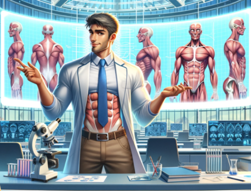 Panoramic image that is a blend of realism and Pixar-style animation, featuring an attractive scientist with an impressive six-pack. The scene is set in a high-tech laboratory with scientific equipment and digital screens displaying anatomical studies of abdominal muscles. The scientist character is portrayed in the middle of an engaging presentation or lecture, pointing to the screens, with his shirt slightly lifted to reveal a defined six-pack, symbolizing the fusion of scientific knowledge and practical application of abs workouts. The environment should be clean, modern, and filled with light, conveying an atmosphere of discovery and education about optimal methods for achieving a six-pack. https://www.personaltrainerifbb.com/