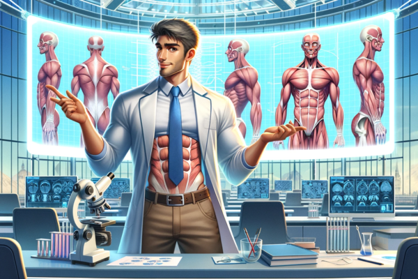 Panoramic image that is a blend of realism and Pixar-style animation, featuring an attractive scientist with an impressive six-pack. The scene is set in a high-tech laboratory with scientific equipment and digital screens displaying anatomical studies of abdominal muscles. The scientist character is portrayed in the middle of an engaging presentation or lecture, pointing to the screens, with his shirt slightly lifted to reveal a defined six-pack, symbolizing the fusion of scientific knowledge and practical application of abs workouts. The environment should be clean, modern, and filled with light, conveying an atmosphere of discovery and education about optimal methods for achieving a six-pack. https://www.personaltrainerifbb.com/