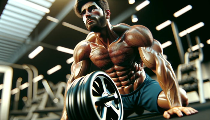 A realistic yet Pixar-style image of an attractive bodybuilder, exhausted from using an ab wheel (abdominal wheel) to work out. The scene vividly illustrates his determination and effort to strengthen his abs and achieve a prominent six-pack. The focus is on his intense expression and the pronounced muscles of his torso, showcasing the hard work and dedication involved in his exercise routine. The gym setting is detailed, emphasizing the fitness atmosphere and his engagement in the rigorous workout. https://www.personaltrainerifbb.com/