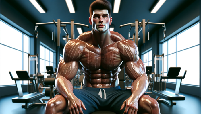 Panoramic image in a realistic Pixar-style of an attractive bodybuilder who is exhausted from doing exercises to strengthen his abs for a magnificent six-pack. The character is in a gym setting, with sweat glistening on his skin, showing the strain and fatigue of an intense workout. His expression is one of determination mixed with exhaustion. The gym is equipped with various workout gear tailored for abs exercises, and the character might be caught in a moment of rest between sets, highlighting the effort and dedication it takes to achieve a six-pack. https://www.personaltrainerifbb.com/