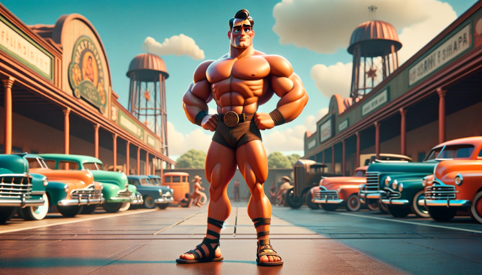 Panoramic image in a Pixar-style animation of a character inspired by the classic bodybuilders of the mid-20th century. The character has a chiseled physique, wearing vintage style trunks, and Roman sandals, striking a heroic pose. This animated character stands confidently in an outdoor setting that resembles an old-time strongman performance area with vintage cars in the background, all rendered in vibrant colors and stylized lighting that evoke the golden age of bodybuilding and classic animation charm. https://www.personaltrainerifbb.com/