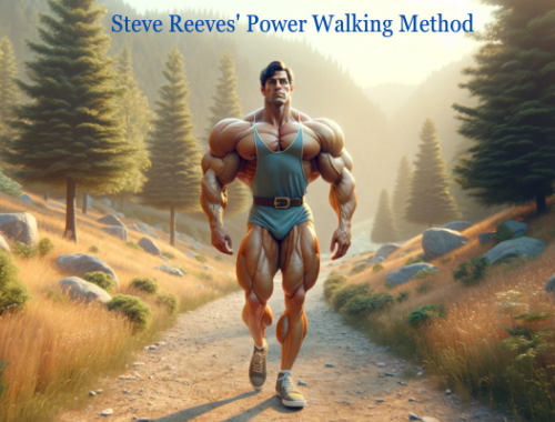 Panoramic image in a Pixar-style animation of a character with a classic bodybuilder physique, reminiscent of the one seen in similar to Steve Reeves. The character is walking down a natural trail, dressed in vintage athletic wear that matches the era. He should be presented with a balanced muscular build, not overly exaggerated, highlighting the aesthetics of the classic era of bodybuilding. The surrounding environment should be a peaceful, natural setting with elements like trees, a path, and soft, natural lighting to give a serene and timeless feel to the image. https://www.personaltrainerifbb.com/