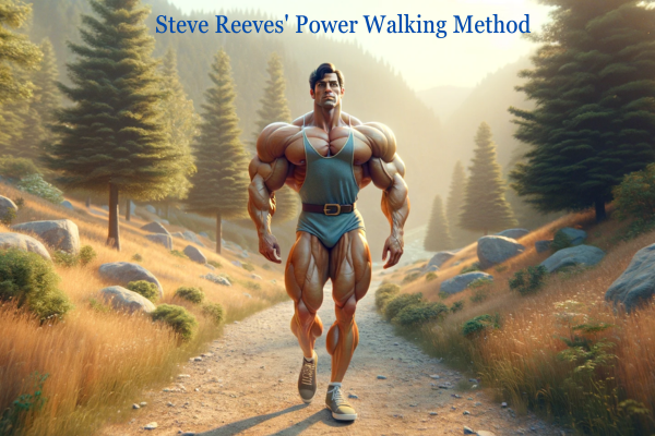 Panoramic image in a Pixar-style animation of a character with a classic bodybuilder physique, reminiscent of the one seen in similar to Steve Reeves. The character is walking down a natural trail, dressed in vintage athletic wear that matches the era. He should be presented with a balanced muscular build, not overly exaggerated, highlighting the aesthetics of the classic era of bodybuilding. The surrounding environment should be a peaceful, natural setting with elements like trees, a path, and soft, natural lighting to give a serene and timeless feel to the image. https://www.personaltrainerifbb.com/