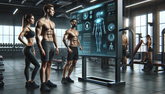 An image featuring two muscular fitness athletes, a man and a woman, in a gym setting. They are standing next to a large screen that displays an artificial intelligence interface. The AI on the screen is providing them with training instructions. The gym environment is modern and well-equipped, highlighting the integration of technology in fitness. The athletes are focused and engaged, looking at the screen as they receive their personalized workout guidance from the AI.