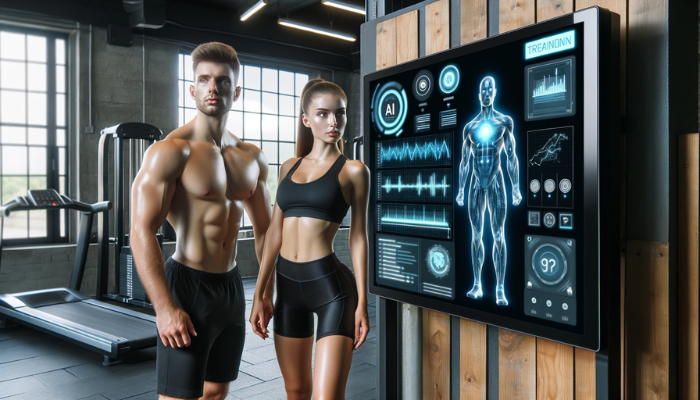 An image featuring two muscular fitness athletes, a man and a woman, in a gym setting. They are standing next to a large screen that displays an artificial intelligence interface. The AI on the screen is providing them with training instructions. The gym environment is modern and well-equipped, highlighting the integration of technology in fitness. The athletes are focused and engaged, looking at the screen as they receive their personalized workout guidance from the AI.