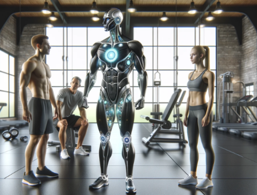 A horizontal image featuring two fitness athletes, a male and a female, alongside a personal trainer who appears as a futuristic, muscular android with AI elements. The setting is a modern gym environment, showcasing advanced fitness equipment. The android trainer displays distinct artificial intelligence features, such as a metallic, sleek design with visible circuitry and glowing elements. The athletes are engaged in a workout, showing interaction with the android trainer, who is providing guidance. The overall atmosphere should be high-tech and futuristic, emphasizing the blend of fitness and advanced technology.