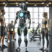 A horizontal image featuring two fitness athletes, a male and a female, alongside a personal trainer who appears as a futuristic, muscular android with AI elements. The setting is a modern gym environment, showcasing advanced fitness equipment. The android trainer displays distinct artificial intelligence features, such as a metallic, sleek design with visible circuitry and glowing elements. The athletes are engaged in a workout, showing interaction with the android trainer, who is providing guidance. The overall atmosphere should be high-tech and futuristic, emphasizing the blend of fitness and advanced technology.