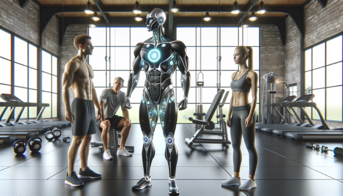 A horizontal image featuring two fitness athletes, a male and a female, alongside a personal trainer who appears as a futuristic, muscular android with AI elements. The setting is a modern gym environment, showcasing advanced fitness equipment. The android trainer displays distinct artificial intelligence features, such as a metallic, sleek design with visible circuitry and glowing elements. The athletes are engaged in a workout, showing interaction with the android trainer, who is providing guidance. The overall atmosphere should be high-tech and futuristic, emphasizing the blend of fitness and advanced technology.