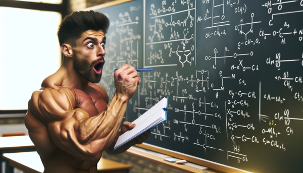 A bodybuilder with a surprised expression, standing, writing fitness formulas on a whiteboard. The bodybuilder has very defined muscles and shows a look of amazement as he discovers a big secret. The scene takes place in a studio or classroom setting, with a whiteboard full of fitness-related formulas and diagrams. The image should convey the surprise and intensity of the moment when the bodybuilder unites theory and practice in his discovery.