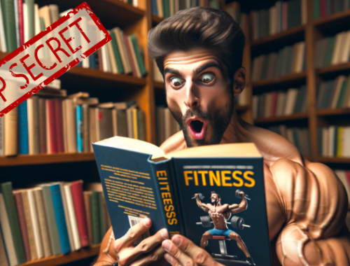 A bodybuilder with a hallucinated expression on his face, reading a book on fitness. He is discovering a big, jaw-dropping secret. The bodybuilder has very defined muscles and is sitting in a library full of books. The image should capture the surprise and amazement on his face as his eyes are fixed on the book. The setting reflects a calm atmosphere of study, in contrast to the intense emotional reaction of the bodybuilder.
