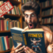 A bodybuilder with a hallucinated expression on his face, reading a book on fitness. He is discovering a big, jaw-dropping secret. The bodybuilder has very defined muscles and is sitting in a library full of books. The image should capture the surprise and amazement on his face as his eyes are fixed on the book. The setting reflects a calm atmosphere of study, in contrast to the intense emotional reaction of the bodybuilder.