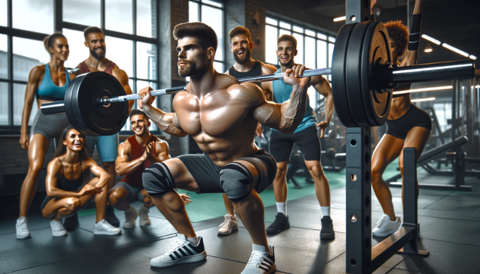 Hyper-realistic, widescreen panoramic image of a bodybuilder performing a barbell squat with excellent technique in a gym setting. The focus is on the bodybuilder, who is in the midst of a squat, displaying intense concentration and muscular definition. Surrounding him are other fitness enthusiasts, both males and females, cheering him on. They exhibit various expressions of encouragement and admiration. The gym is well-equipped, reflecting a serious training environment, with visible gym equipment and a vibrant, supportive atmosphere. This scene captures the energy and communal spirit of a fitness community inspiring one of their own during a challenging lift. https://www.personaltrainerifbb.com/