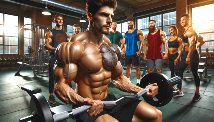 Hyper-realistic, widescreen panoramic image of a bodybuilder performing a bicep curl with perfect technique in a gym setting. The bodybuilder is focused and displaying significant muscle definition, especially in the biceps. Around him, a diverse group of male and female fitness enthusiasts are cheering him on, showing expressions of support and motivation. The gym environment is vibrant and full of energy, equipped with various types of workout equipment. This scene captures the supportive community within the gym, highlighting the encouragement from peers during a workout session. https://www.personaltrainerifbb.com/